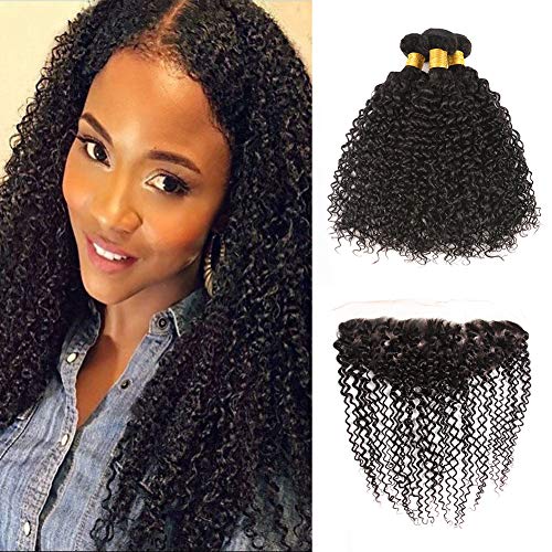Huarisi 10A Malaysian Curly Hair Bundles with Frontal Closure Free Part Ear To Ear Lace Frontal With Baby Hair 100 Real Virgin Human Hair Weave Natural Color 16 18 20+14, 4x13
