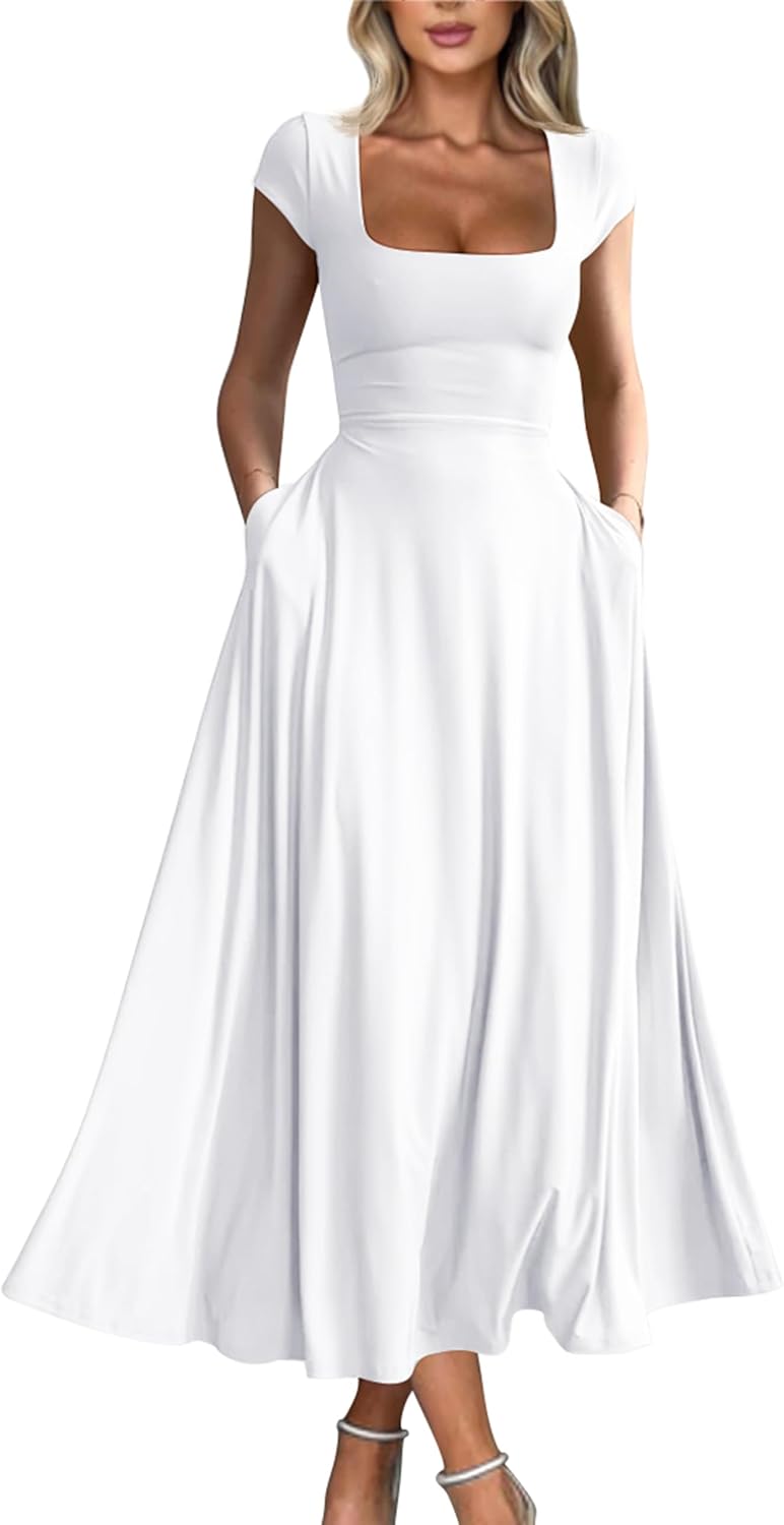 YMDUCH Women’s Casual Short Sleeve Square Neck Solid Slim Flowy Maxi Dress with Pockets