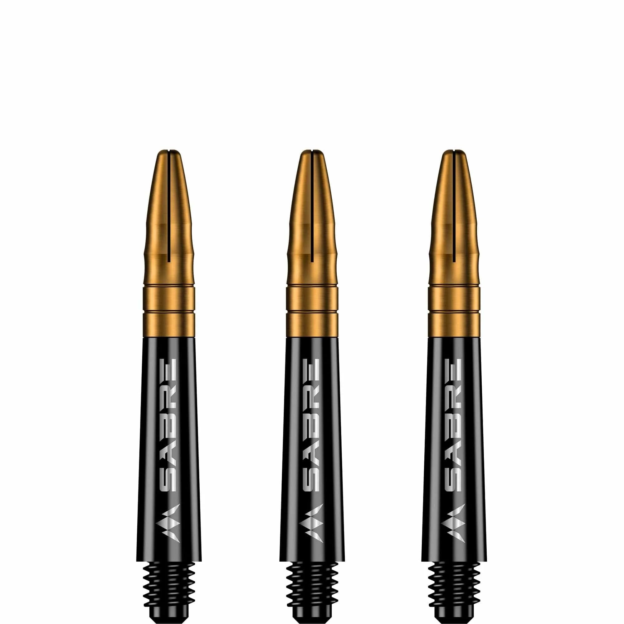 Mission Darts Sabre Shafts | Durable Black Polycarbonate Stems with Coloured Aluminium Top | 3 Sets of 3 Shafts | Gold | Short (S1517)