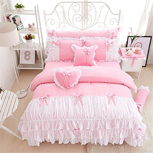 Lotus Karen Shaggy Chic Ruffle 3-Piece Duvet Cover Set- Soft Cotton Girls Bedding With Cute Bow-Knots-Sweet Pink Princess Bed Set Twin Size(1Duvet Cover/2Pillowcases) #TOP5