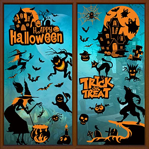 Xnova Pegatinas de Ventana para Halloween Doble Cara Pegatinas de Decoración Adherencia Estática Calcomanías 9 Hojas Castillo Bruja Murciélago Fantasma Reutilizables DIY Halloween Decorations Cover
