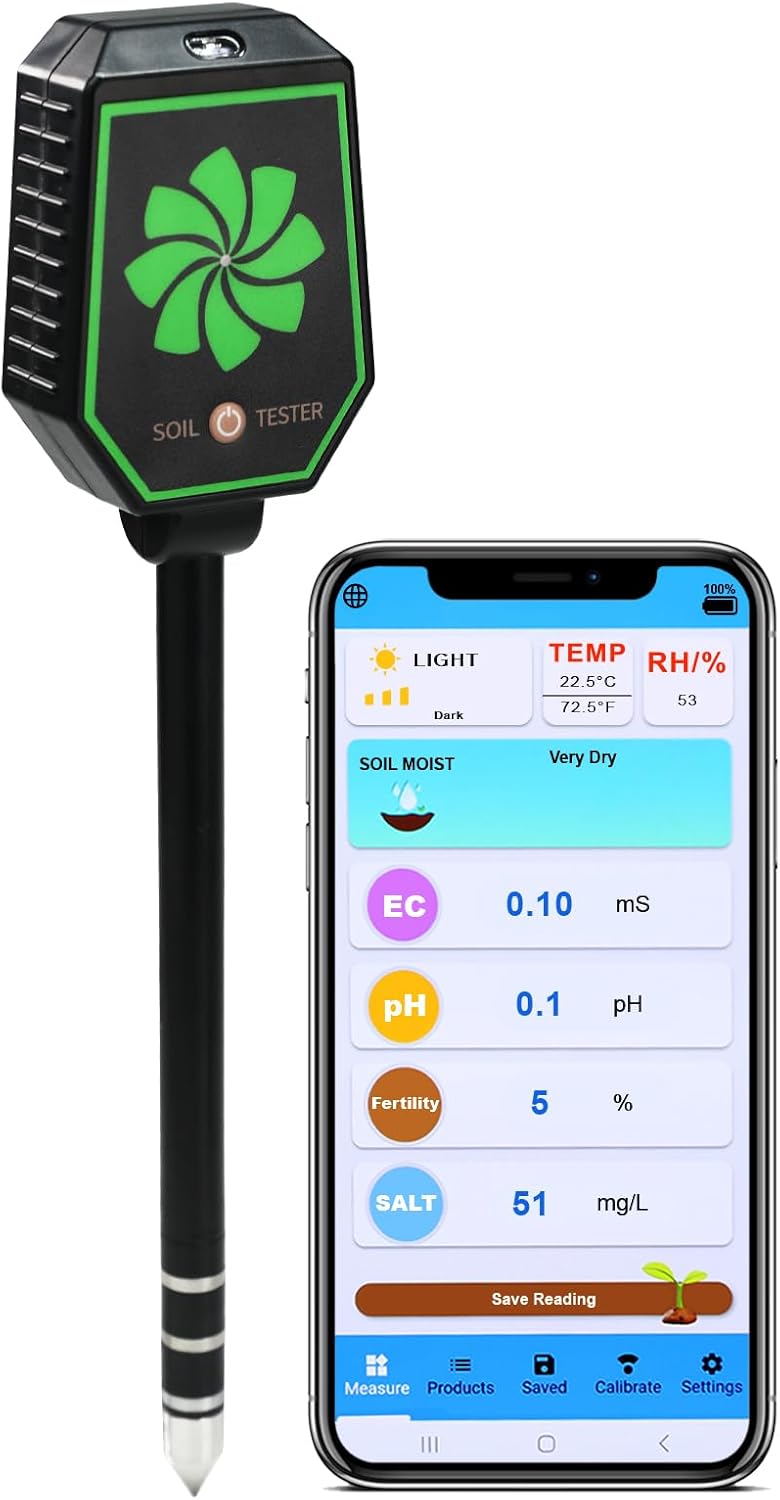 8-in-1 Soil Meter with Bluetooth pH, EC, Salt, Fertility, Moisture, Humidity, Temperature & Light Sensor High-Precision Probe, Data Logging, App Control for Android & iOS | Gardening & Farming Tool