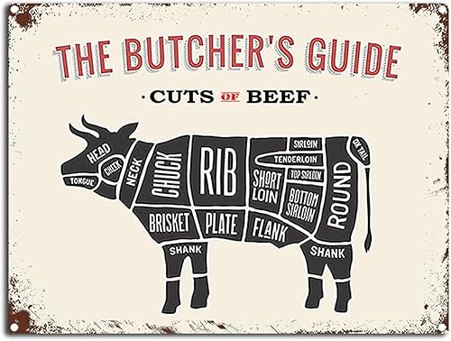 Starotore Carteles de metal con guía de carnicero, decoración de pared vintage, cortes de carne de res, placa de arte retro para el hogar, cocina,