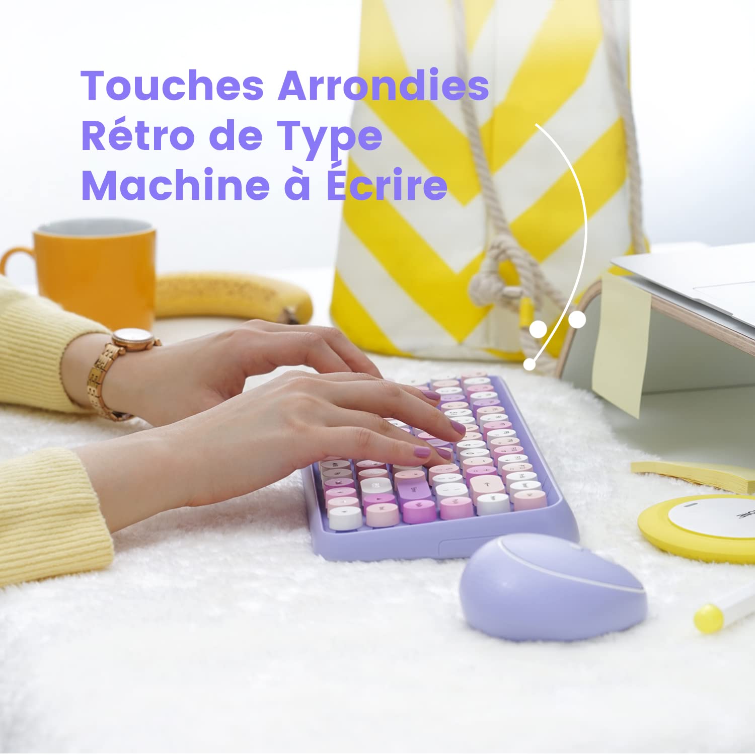 Perixx PERIDUO-713 - Juego de miniteclado y ratón inalámbrico (2,4 GHz, Teclas de Estilo Retro, Redondeadas, Violeta, AZERTY