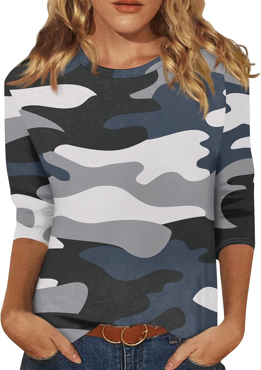 slqdgmryz 3/4 Length Sleeve Womens Tops Camo Shirt Printed Crew Neck T Shirts Loose Three Quarter Casual Dressy Blouses