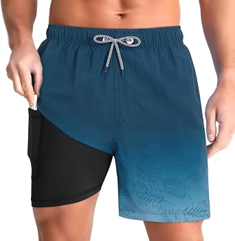 zeetoo Mens Swim Trunks with Compression Liner 5" Inseam Quick Dry Beach Shorts with Zipper Pockets