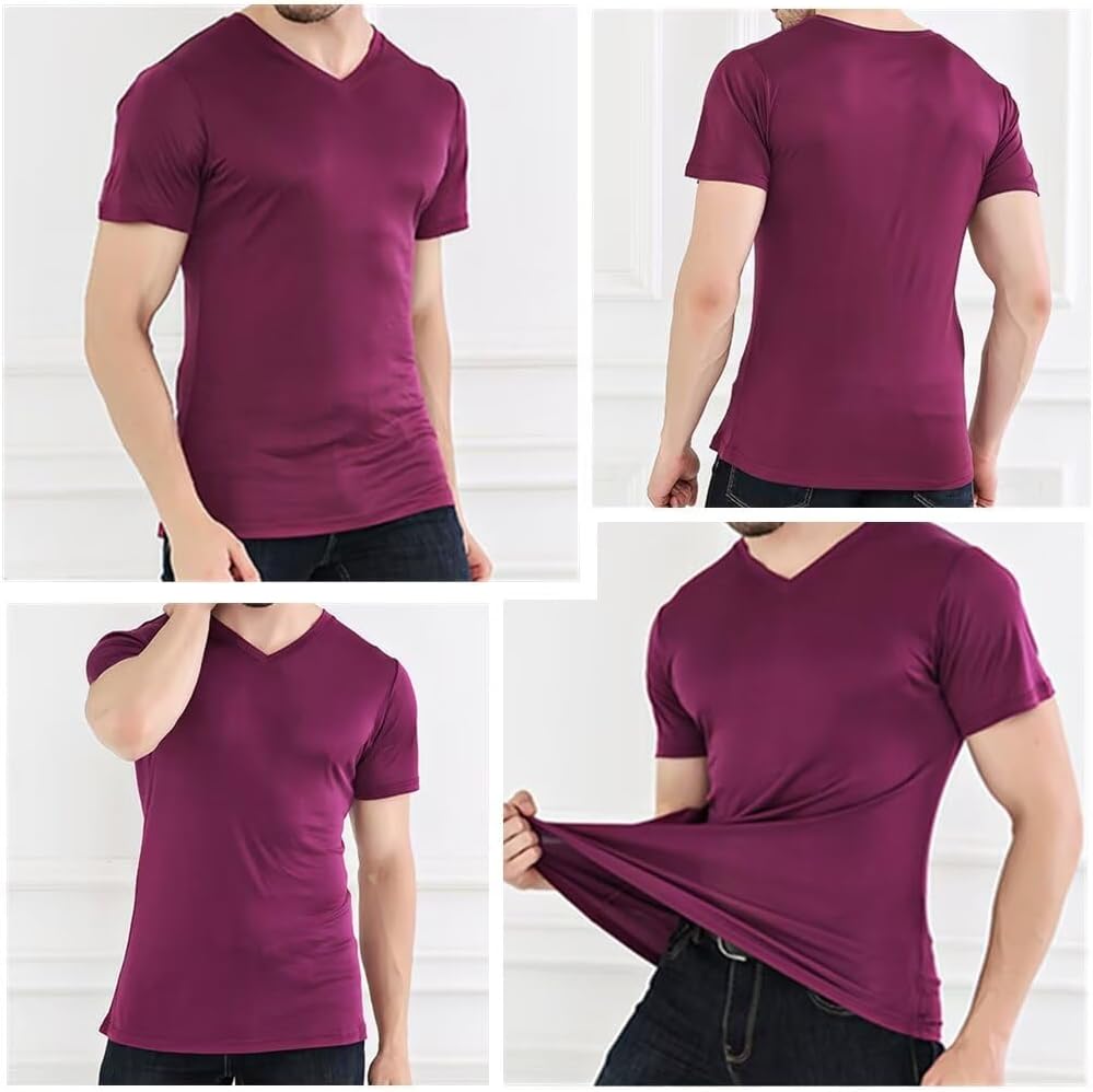 Men’s Short Sleeve Shirt V-Neck T-Shirt Mulberry Silk Tees Undershirts for Men Soft Comfortable Fit
