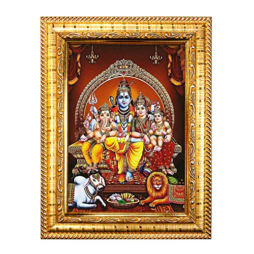 Image of Hawai Shiv Parivar Photo with Engineered Wood Wall Hanging Home Decor Religious Photo Frame for Home Office Prayer Room, Size- 8.5x7 inch, SFDI282 GLD FRM GRP