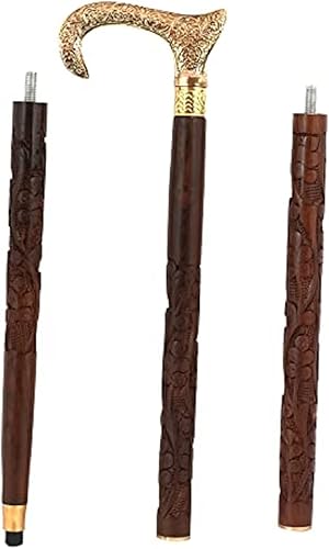 Bastón de madera con mango de latón victoriano antiguo, plegable, agarre tallado para senderismo