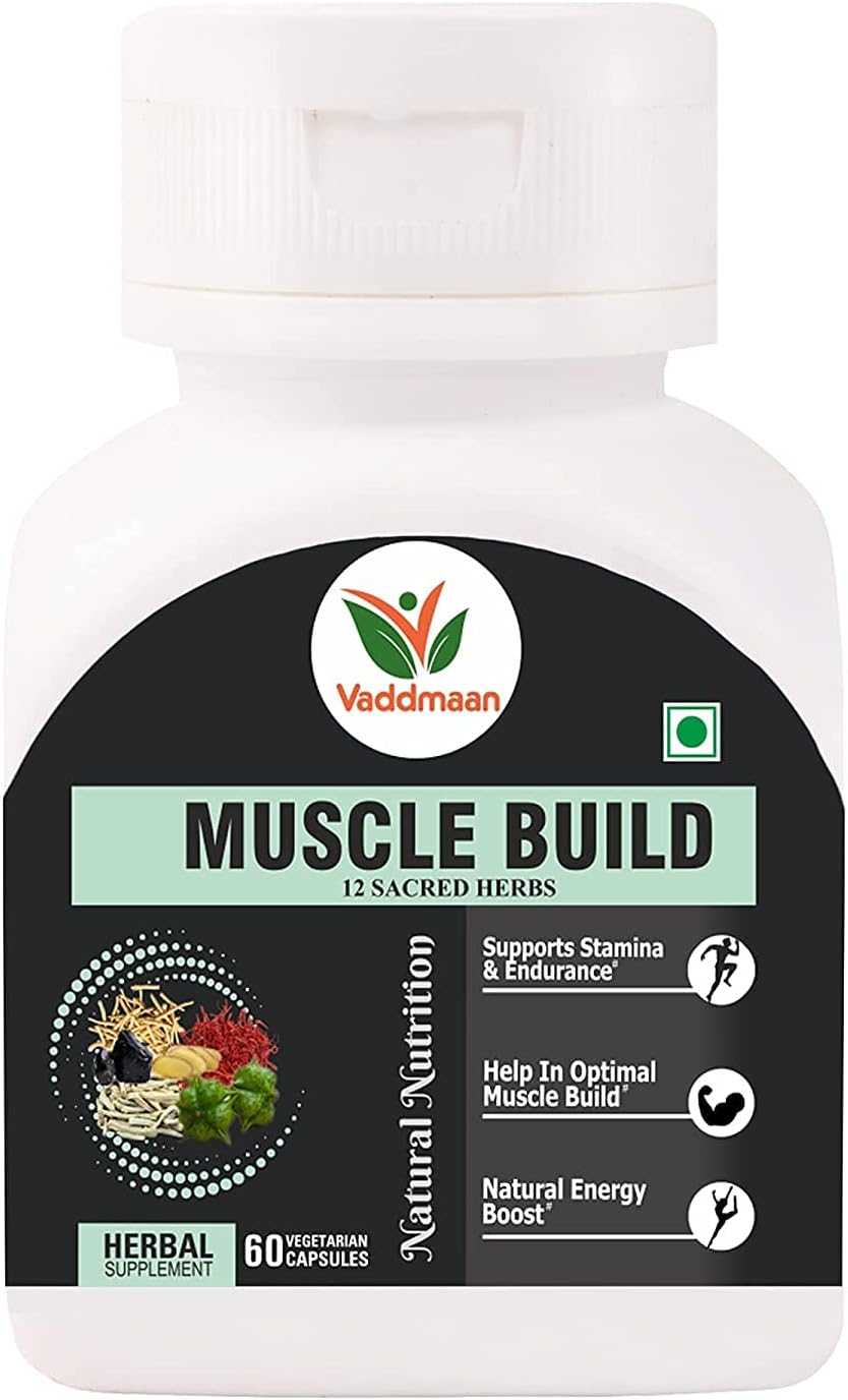 Vaddmaan MUSCLE BUILD - 12 Ayurvedic Herbs for Muscle Gain, Recovery, Mass and Improved Athletic body performance | 60 Capsules (Pack 1)…