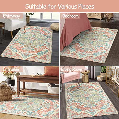 Lahome Bohemian Floral Medallion Area Rug - 3X5 Pink Rug For Bedroom Girls Soft Nursery Mat, Non-Slip Machine Washable Carpet For Bathroom Dressing Room Playroom Dorm Couch Office, Pink/Multi #TOP4