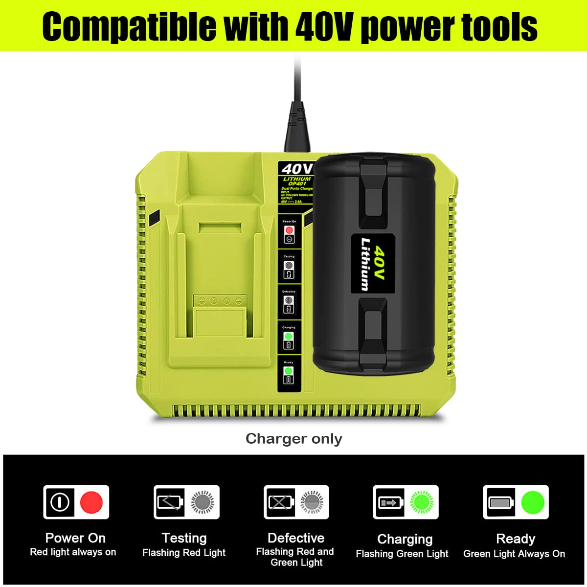 Cargador de batería de 40 V para herramientas inalámbricas Ryobi de 40 voltios, cargador de batería dual Atcuji de 40 V OP401