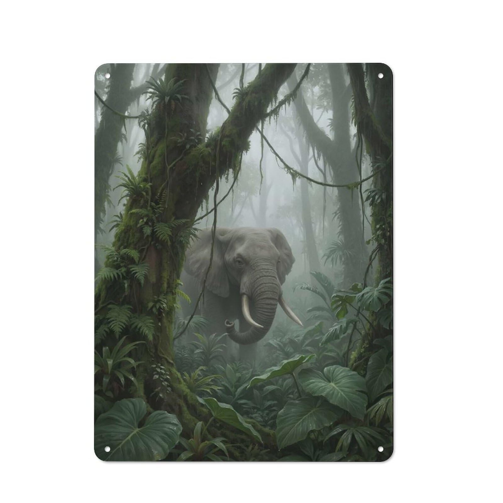 Junmoney Style-4 Workshop Style Garage Metal Sign 40X30cm Featuring Elephant In Misty Jungle, Industrial Wall Art For Garage, Hobby Room, Office Or Man Cave
