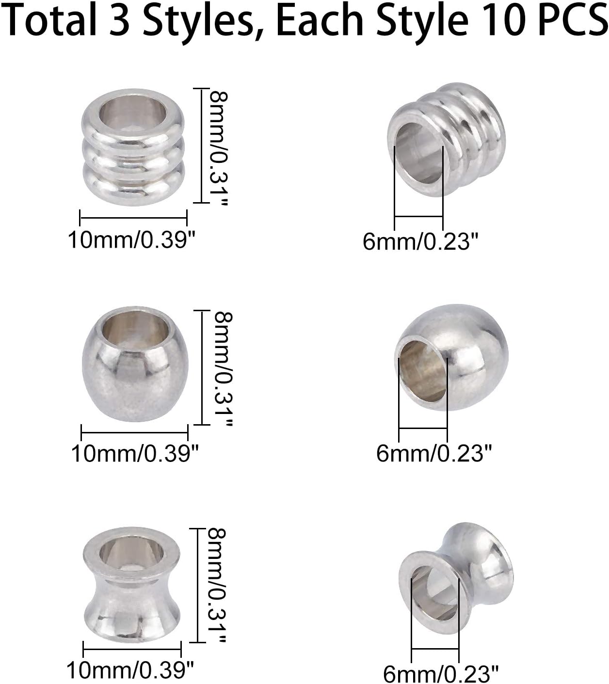 UNICRAFTALE 30pcs 3 Styles Vase/Column/Barrel European Beads Stainless Steel Loose Beads 6mm Large Hole Bead for DIY Jewelry Findings Making Stainless Steel Color - Image 4