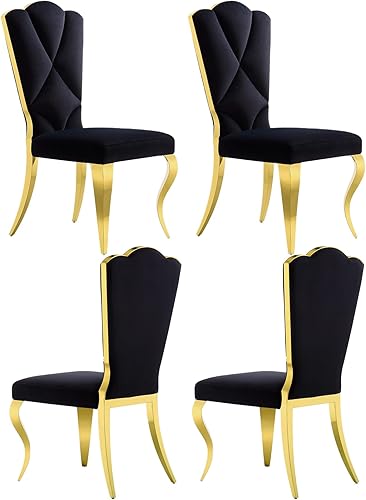Juego de 4 sillas de comedor de terciopelo negro, sillas de cocina tapizadas con respaldo alto con patas de metal pulido dorado, sillas de comedor