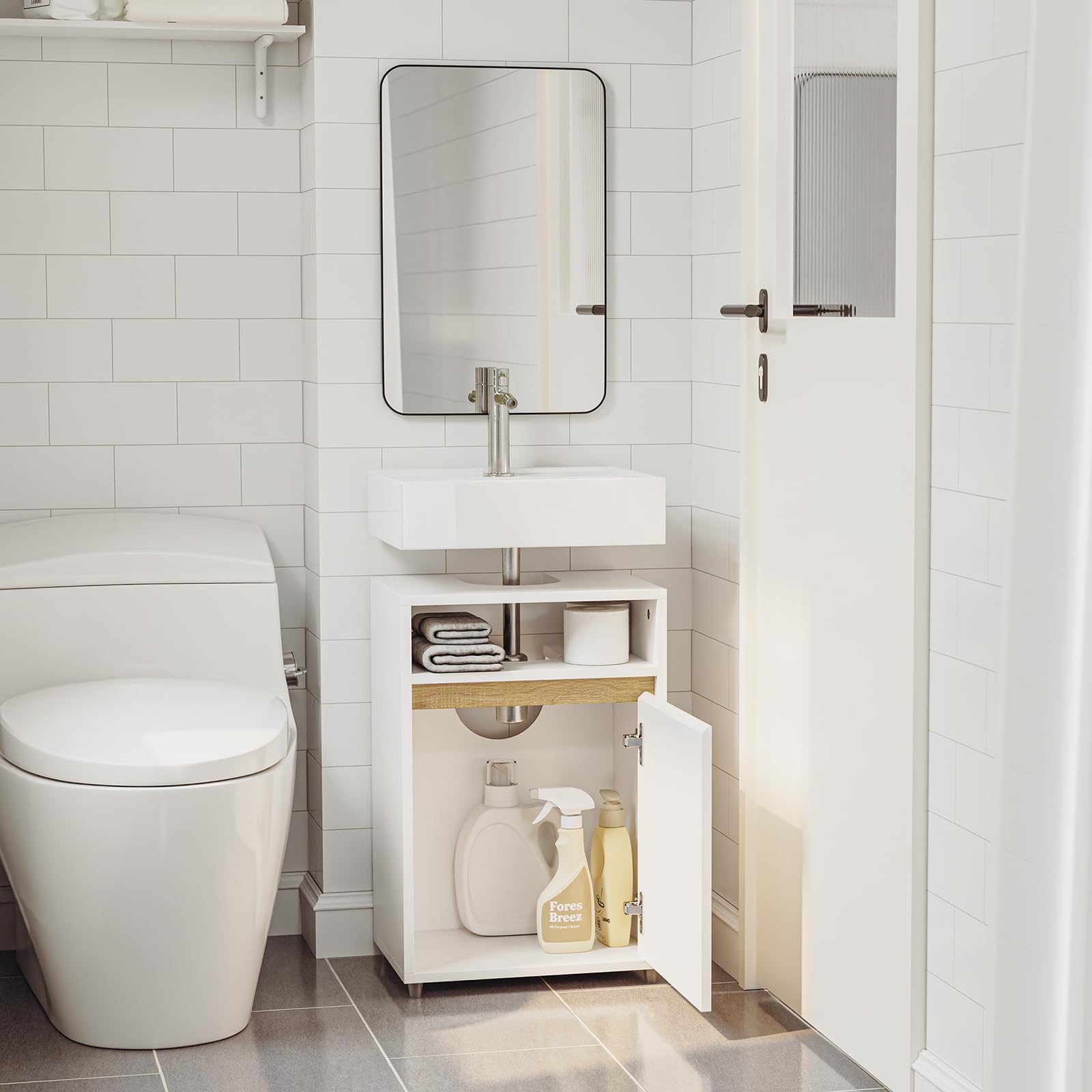 SoBuy Mobile Sottolavabo Stretto con Apertura a U 40x60x30cm per Bagno | Armadietto Salvaspazio, Mobile Bagno di Servizio per Piccoli Spazi, Finitura Opaca Bianco e Legno BZR222-W
