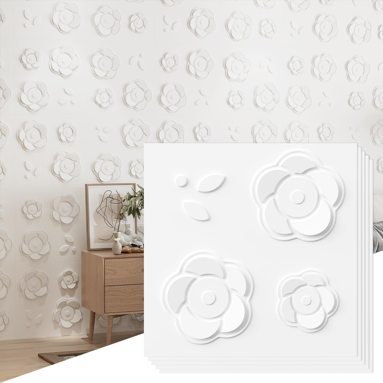 24 Pcs Decorative 3D Wall Panels, 19.7" X 19.7" Floral Wall Panels for Interior Wall Decor, Minimalist Modern Pastoral Style Ideal for Bedroom Headboards Living Room Cover 64.Sq.Ft.