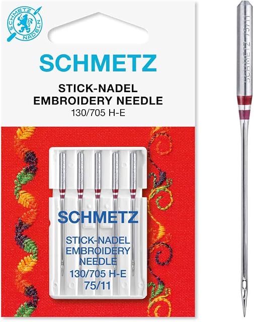 SCHMETZ Domestic Sewing Machine Needles |5 Embroidery Needles | 130/705 H-E | Needle Size: 75/11 | for on All Conventional Household Sewing Machines and Household Embroidery Machines