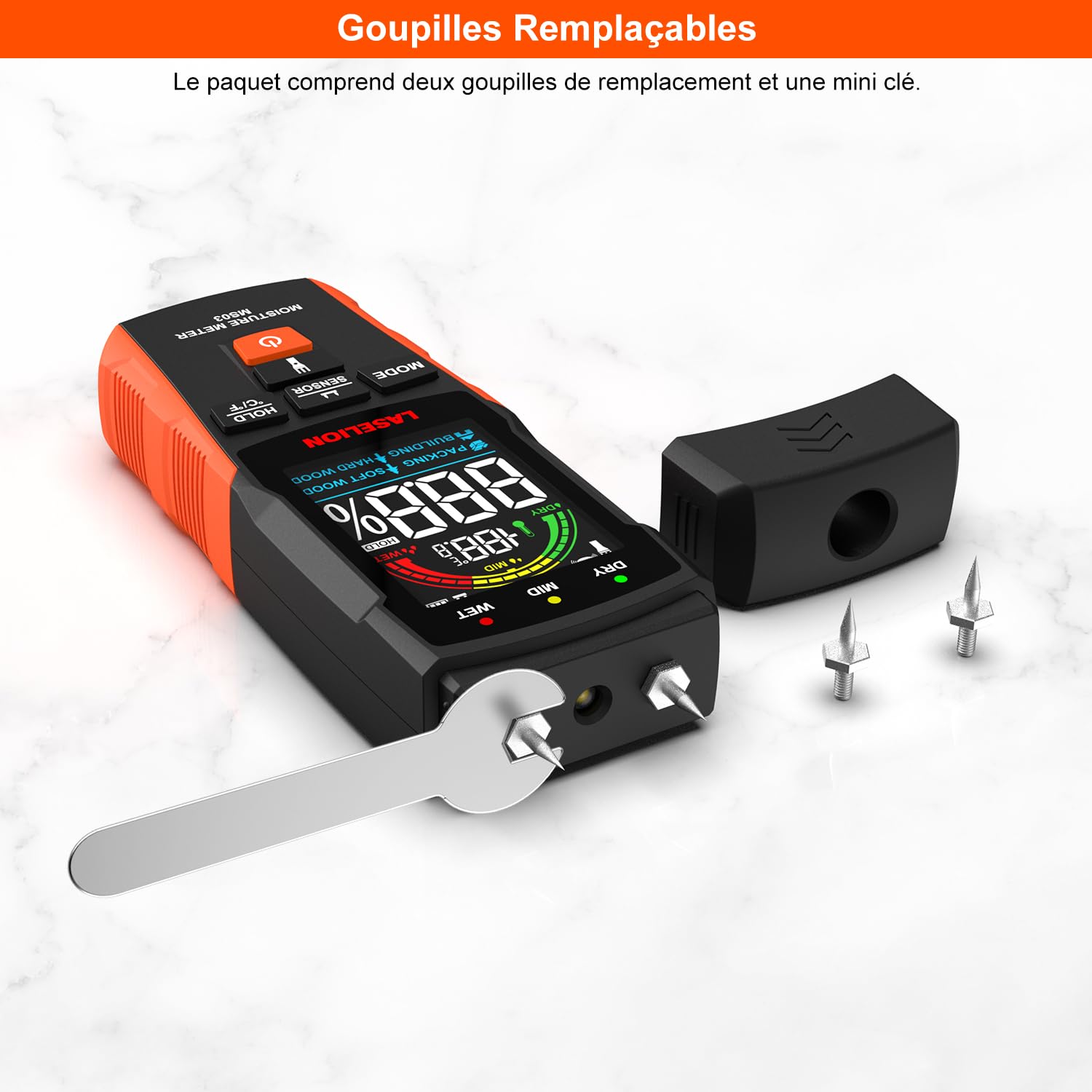 LASELION Testeur Humidité Mural Pin & Pinless 2 en 1 Détecteur d'humidité avec Grand Écran Rétro-éclairé pour le Bois, les Bâtiments, et l'emballage MS03