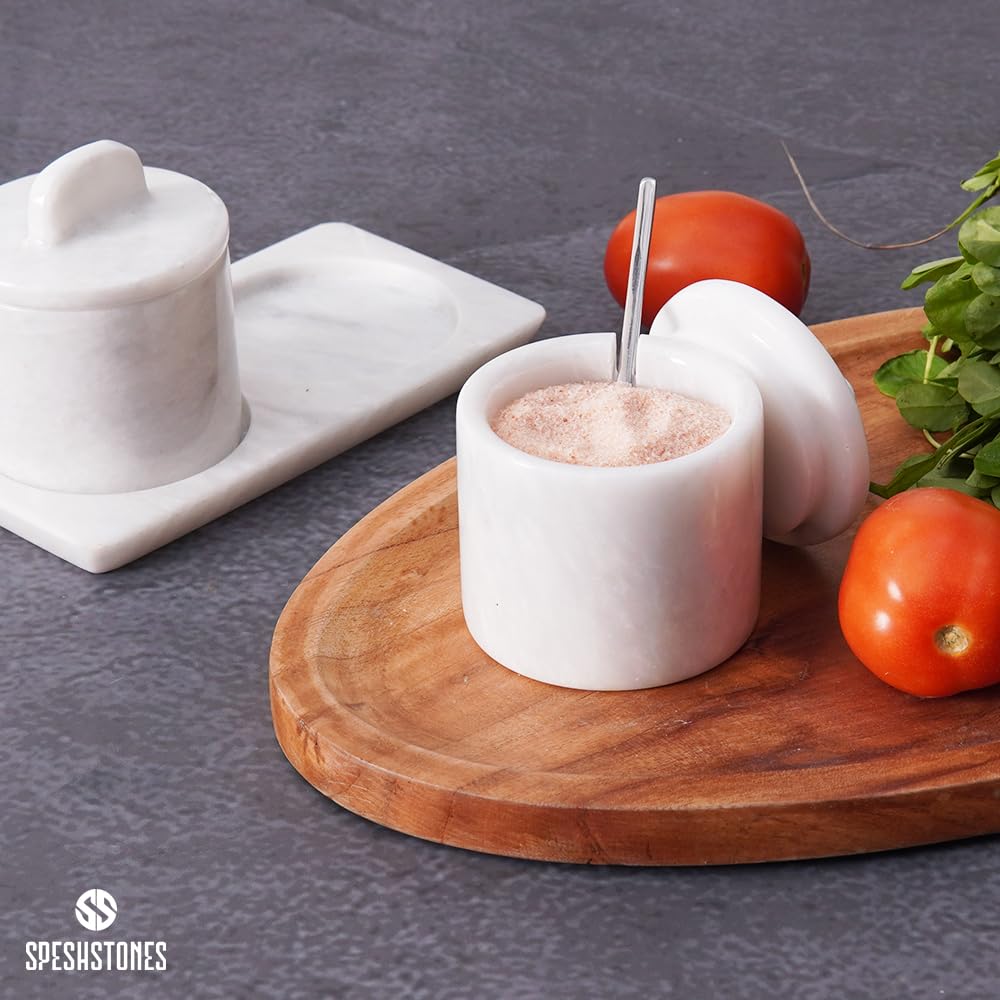 SPESHSTONES Juego de 2 botes de sal de mármol blanco de 10,16 cm con tapa, para sal de mesa, portal, botes de especias, azucarero, recipientes para condimentos, dispensador