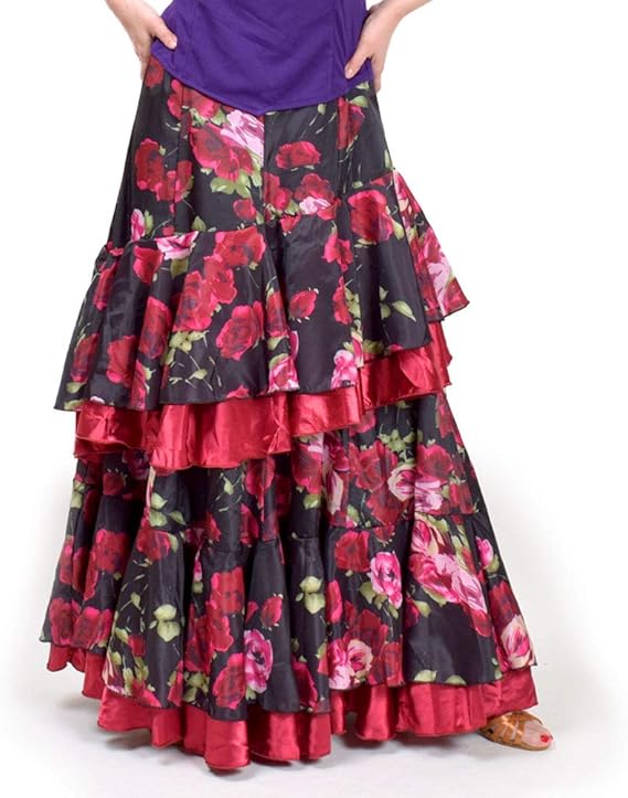 Amazon Co Jp Dfギャラリー ロングスカート ファルダ フラメンコ衣装 サテン 花柄 フリル Gk9368 ワインxブラック フリー 服 ファッション小物