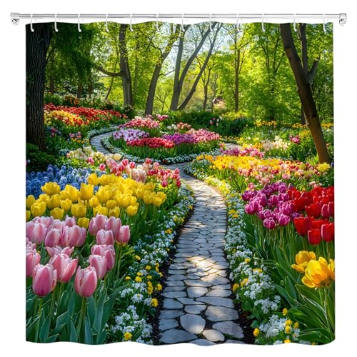 HYEEHY Spring Garden Shower Curtain Tulip Floral Colorful Flowers Nature Landscape Courtyard Forest Tree Rustic Aesthetic Shower Curtains Set Bathroom Polyester Fabric Hooks (70 W x 70 L)