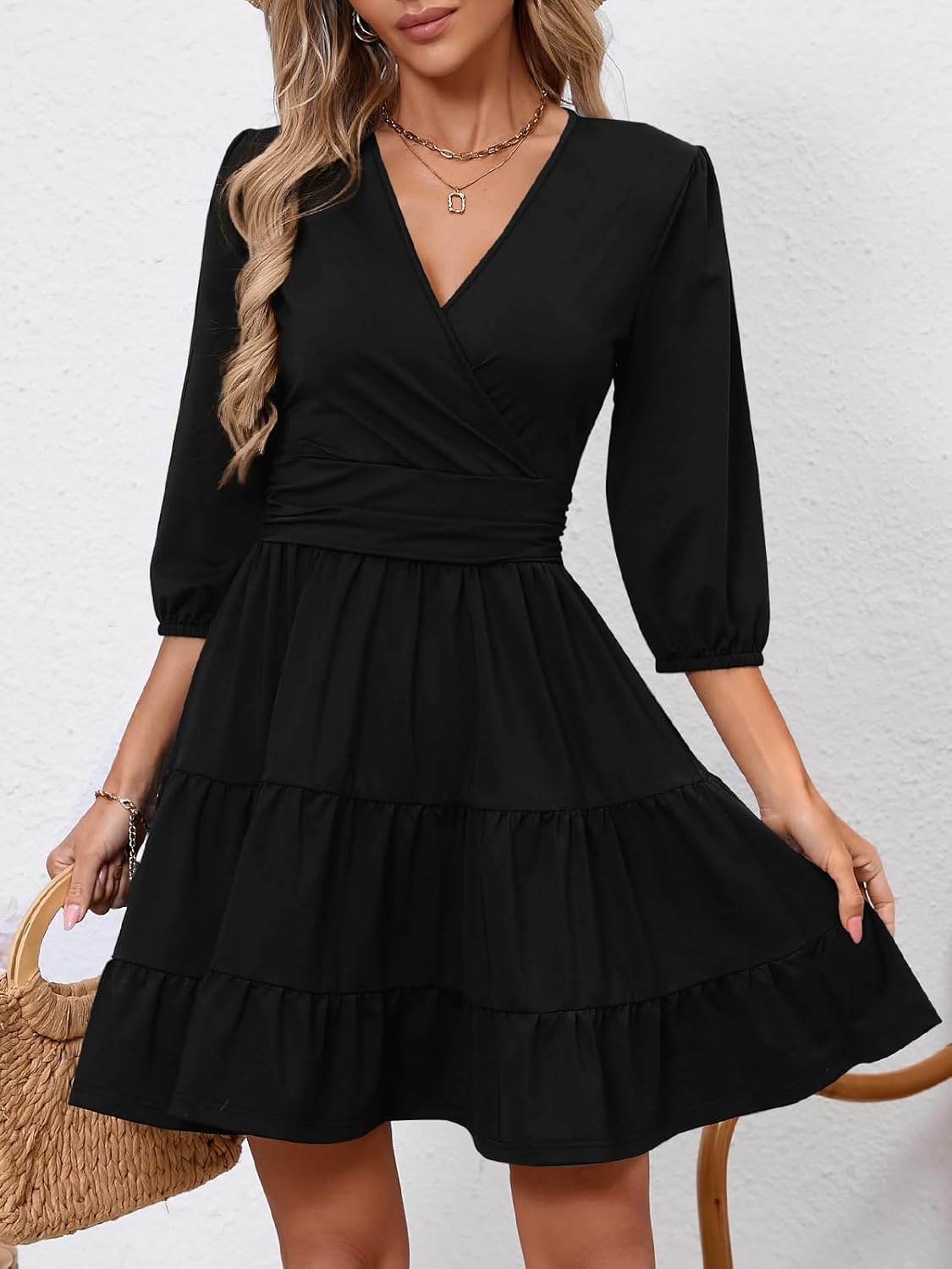 PerZeal Women's Wrap V Neck 3/4 Sleeve Wedding Guest Dress Elastic Waist Tiered Belted Ruffle Hem Mini Dress - Image 4