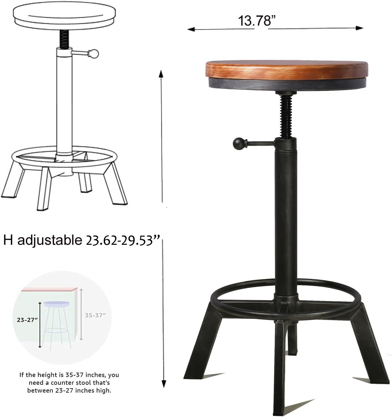 Amazon｜Diwhy インダストリアルヴィンテージバースツール、木製シート