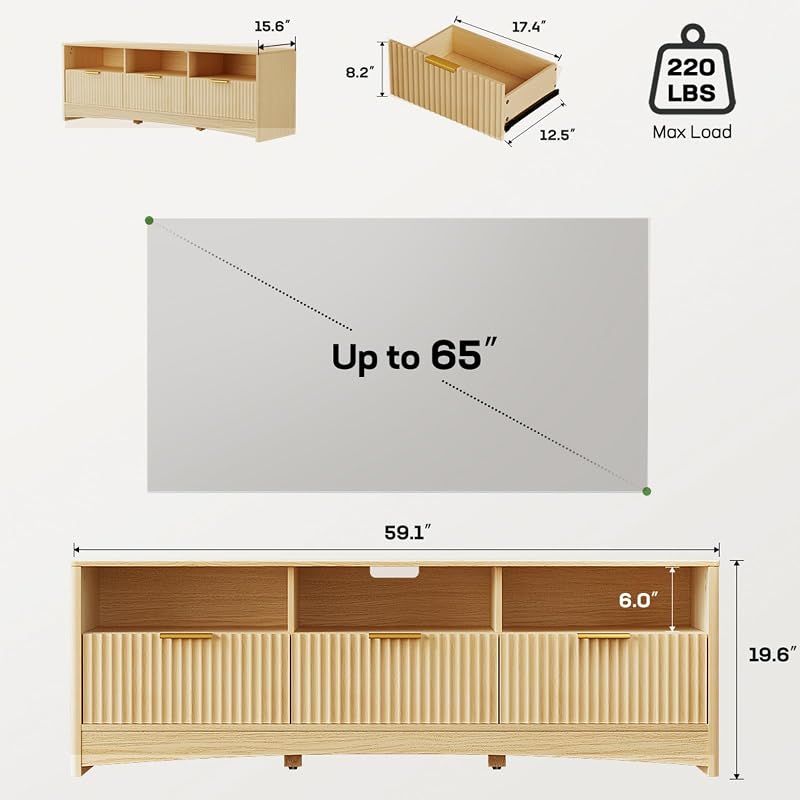 Marsail Fluted TV Stand for 65 inch TV, Modern Entertainment Center with Drawers, Boho TV Stands Wood Media Console Cabinet with Storage and Shelves, TV Consoles for Living Room, Bedroom, Oak image 2