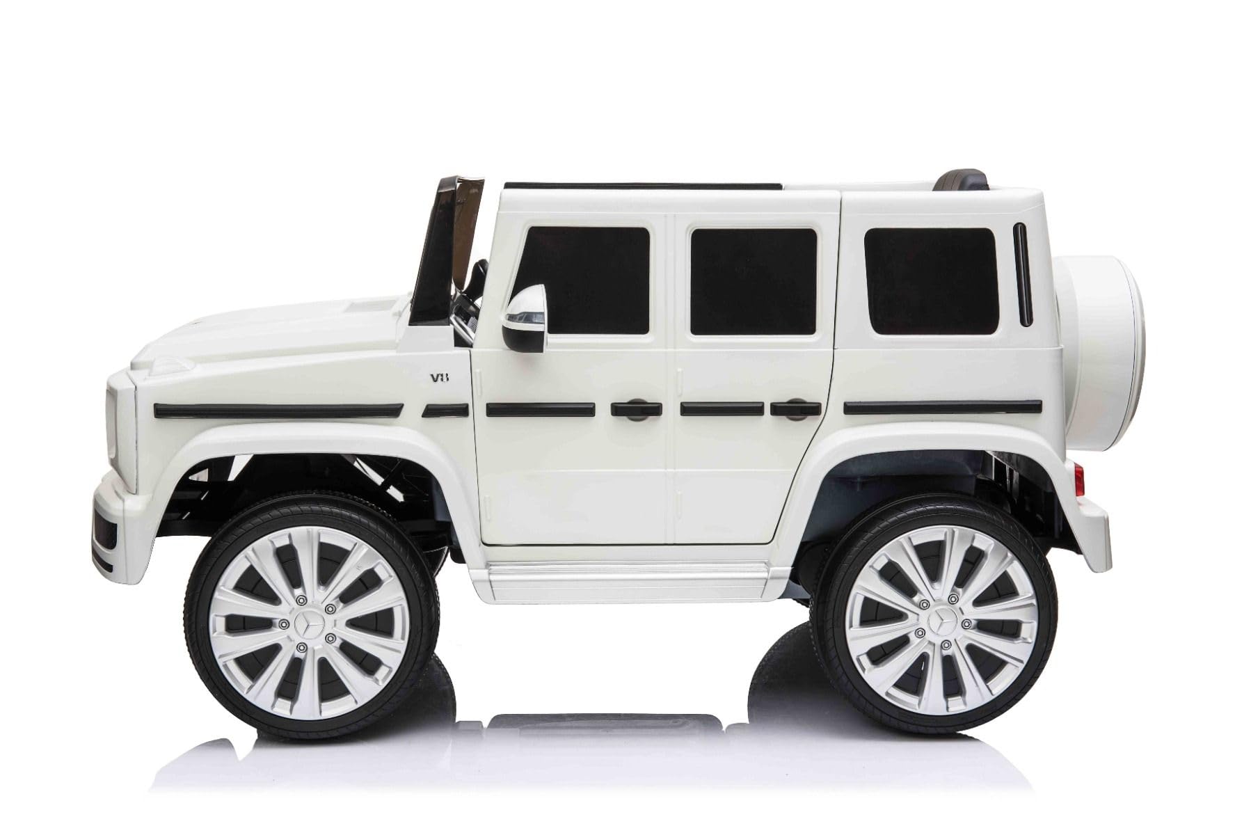 RIRICAR Samochód elektryczny Mercedes G500 12V, biały, pilot 2,4 GHz, wejście USB/SD, tylne zawieszenie, bateria litowa, oświetlenie LED, oryginalna licencja