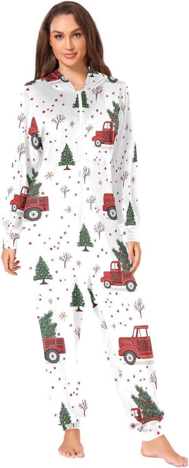 ZZKKO Christmas Truck Tree Adult Onesie Pajamas for Women Men Cozy One Piece Pajamas Costume Zip-Up Hooded S-XL
