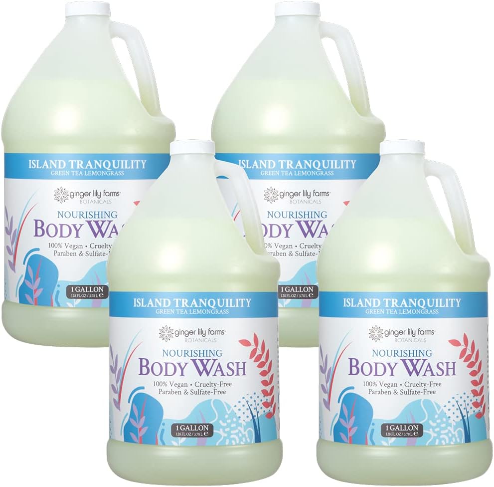 Ginger Lily Farms Botanicals Nourishing Body Wash, Island Tranquility, 100% Vegan & Cruelty-Free, Green Tea Lemongrass Scent, 1 Gallon Refill (Pack of 4)