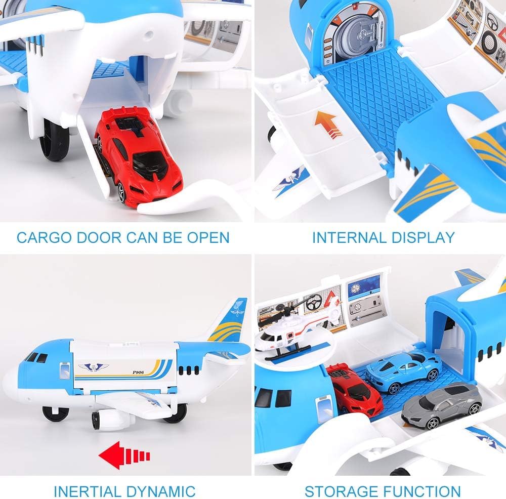 m zimoon Avions Jouets Transporteur Ensemble avec 4 Voitures, 1 pièces Hélicoptère Jouet et 1 Bricolage Autocollants Cadeau pour 3-12 Ans Garçons Filles