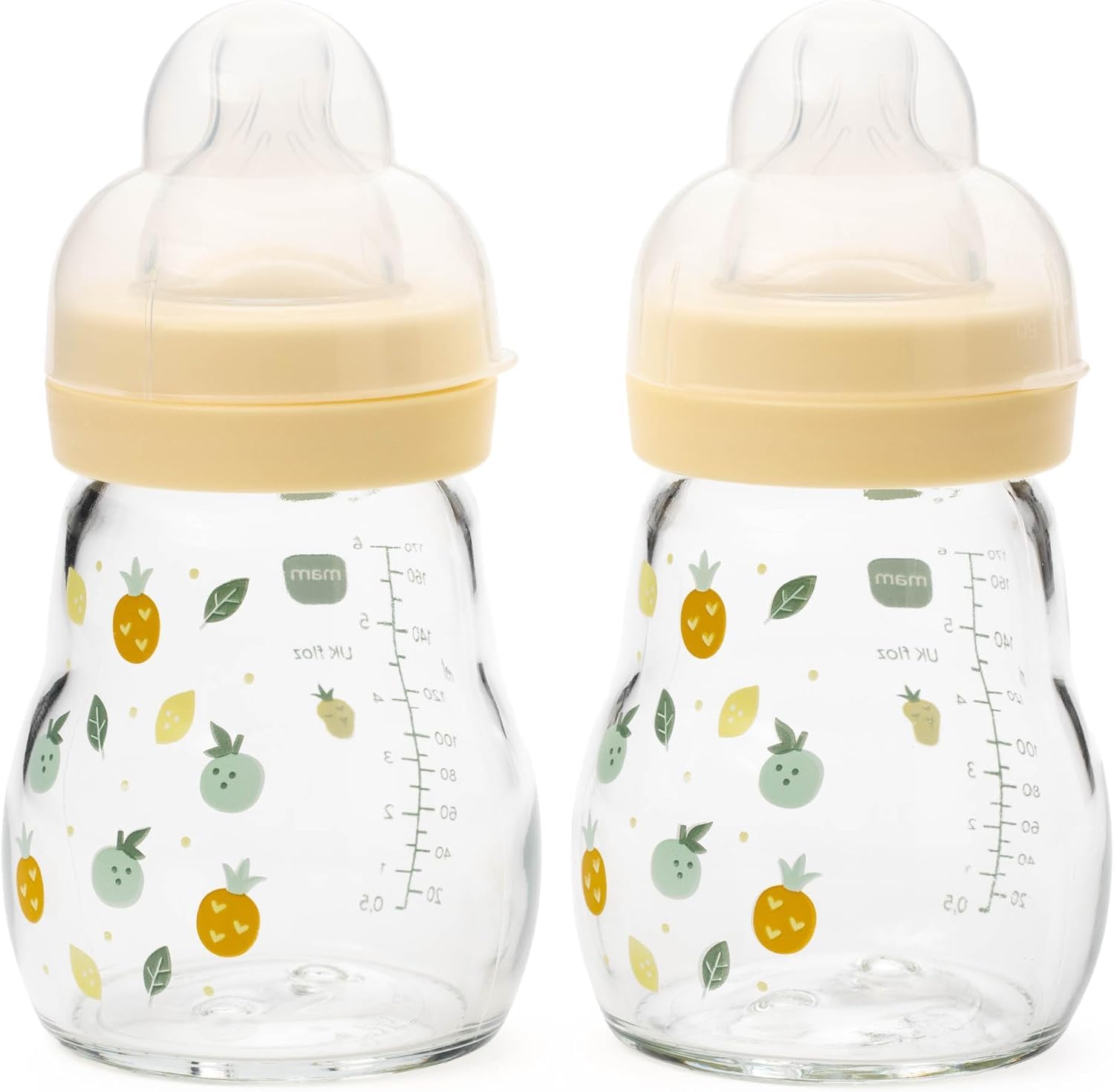 MAM Feel Good Glass Bottle | 2 Pack (2 x 170ml) | MAM Glass Bottle with Slow Flow Teat Size 2 | Baby Accessories for Newborn | Yellow