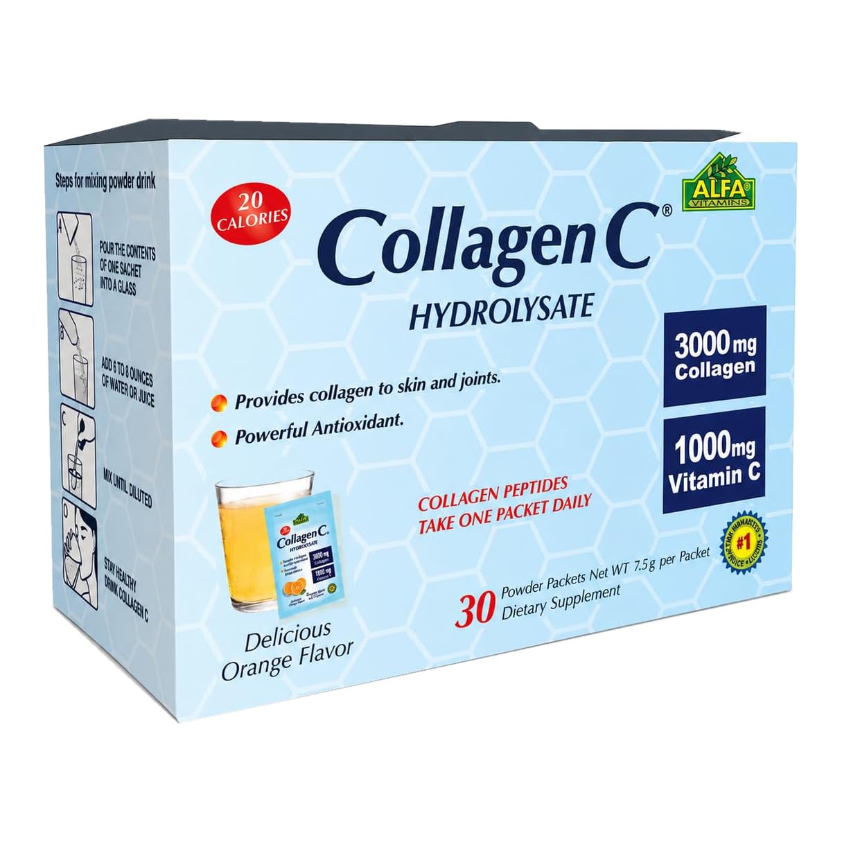 ALFA VITAMINS Collagen C Peptides Hydrolysate Powder Supplement, Vitamin C 1000mg, Gluten Free Hydrolyzed Collagen for Skin, Hair, Nails, Joint &amp; Bone Support, Antioxidant, 30 Sachets per Box, 1 Pack