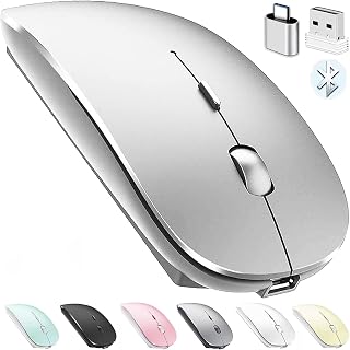 PEIBO Bluetooth 5.2 Wireless Mouse for MacBook, iPad, Laptop, PC - Rechargeable Dual-Mode, 3 DPI, Ergonomic Silver