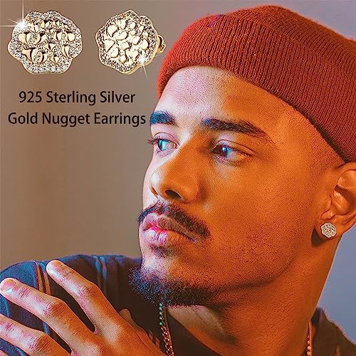 Oyogaa 14K Gold Plated Nugget Earrings For Men Lab Created Diamond Cz Rough Textured Nugget Stud Pierced Earring In Gold Tone Gold Nugget Earrings For Men Woman (Gold) #TOP2