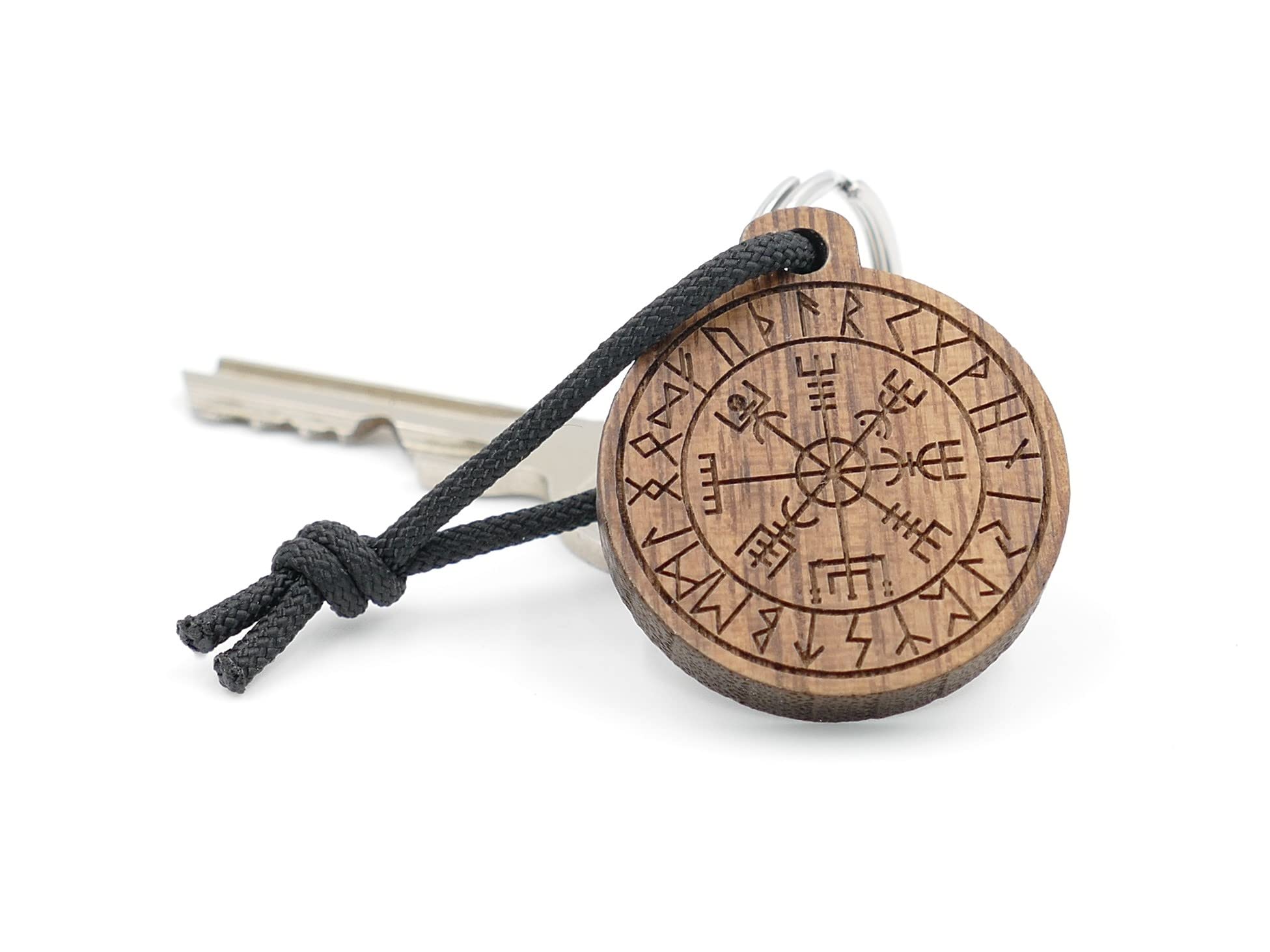 Laserfaktur Vegvisir Keyring Walnut Wood Viking Compass Runes, brown, 30mm