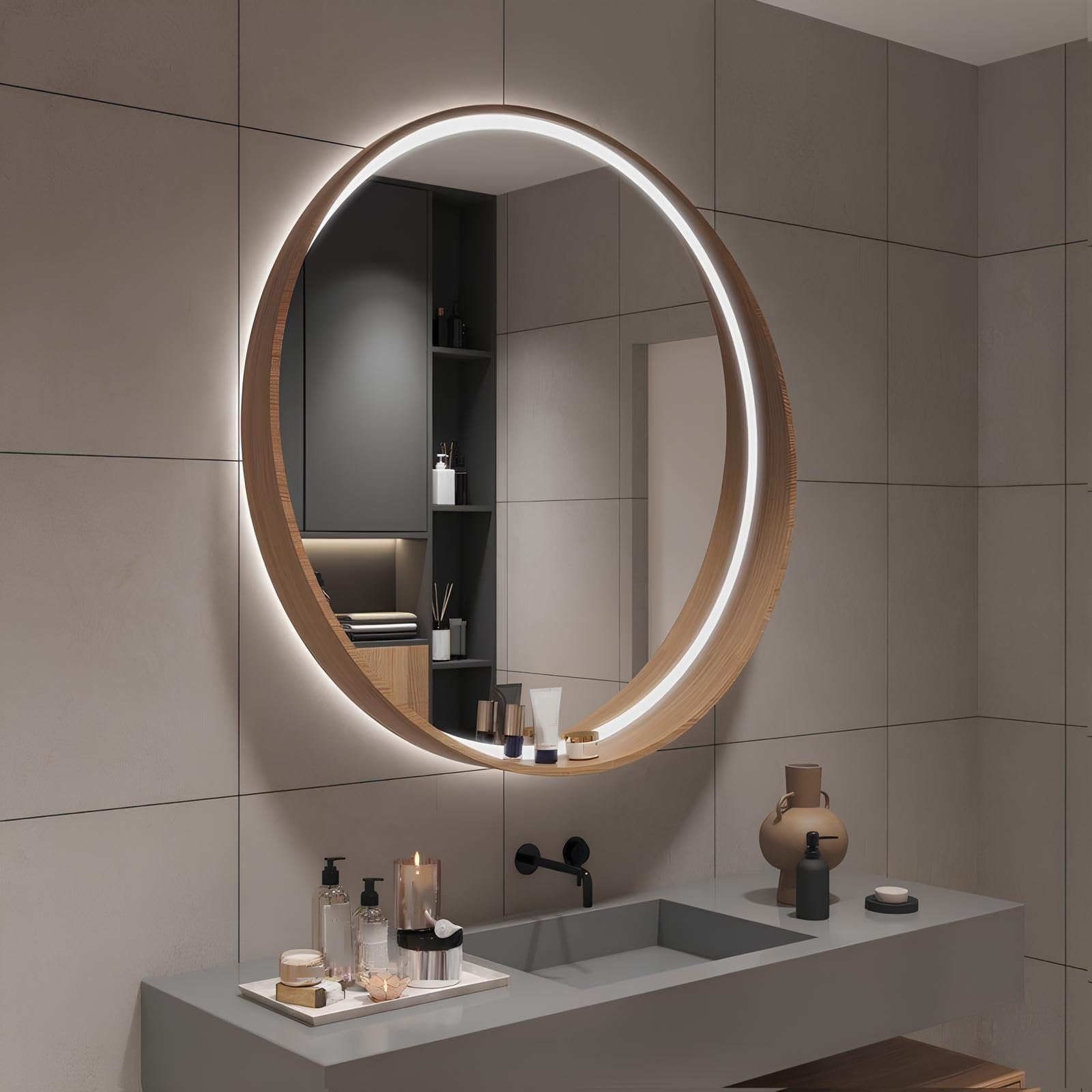 FGXHHS Bathroom LED Mirror with Shelf Storage 3Color Wall-Mounted Vanity Lights, 50cm/60cm/70cm(Natural,50cm/19.7in)