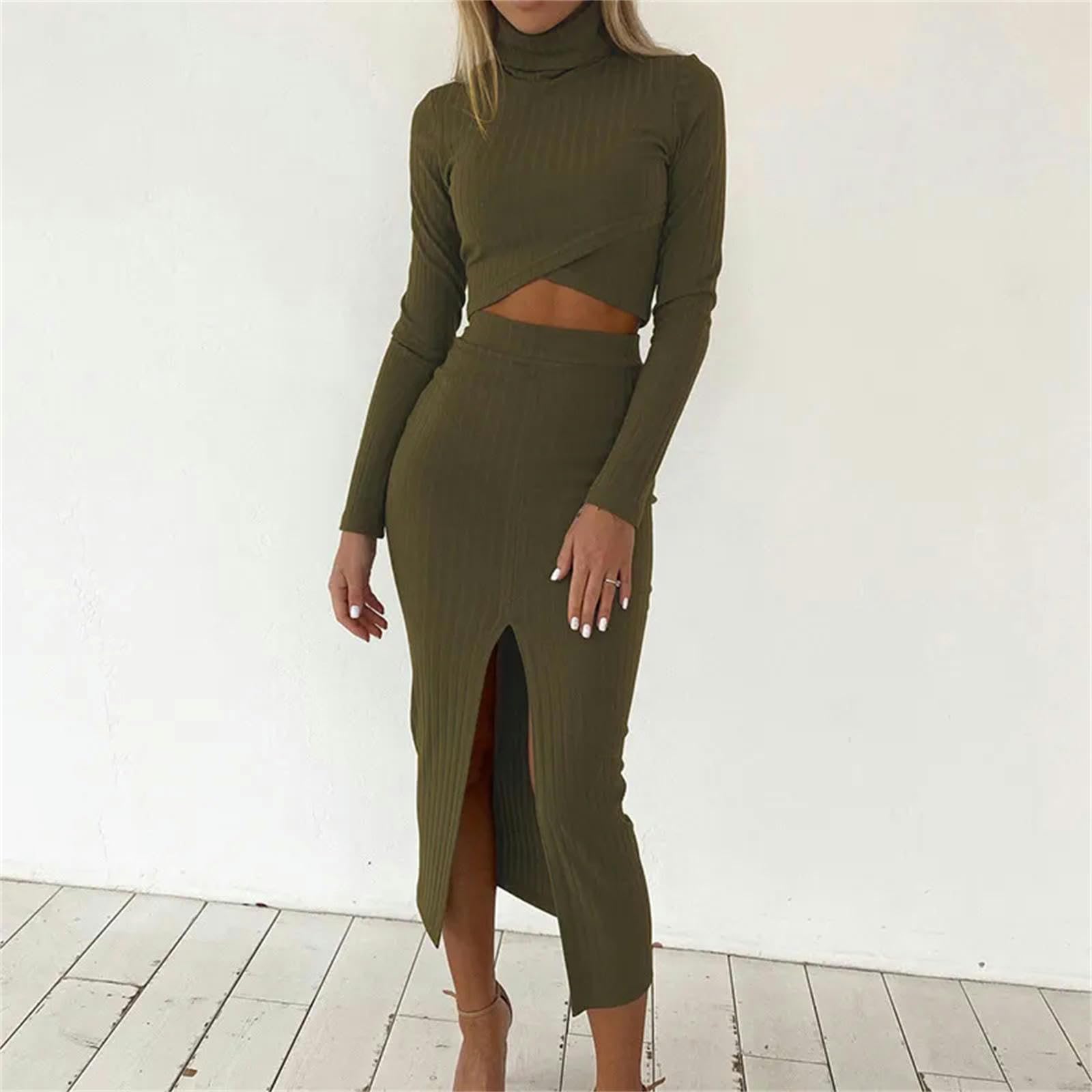 MdybF Jupe Longue Femme Hiver Femmes Skinny Col Roulé Jupe Midi Ensemble Ombilical Tops Side Sous - Traitance Hanches