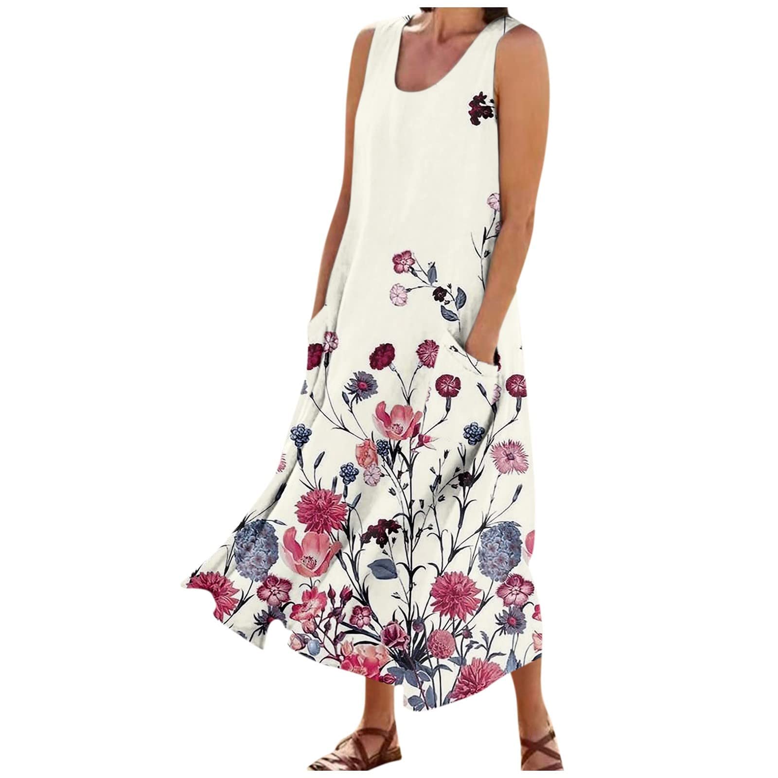 AMhomelyMaxi Dresses for Women Spring Summer Cotton Linen Long Dresses Boho Casual Beach Flowy Tshirt Sundress Loose Sleeveless Tank Dress Oversized Hawaiian Beach Dress Outfits Dresses