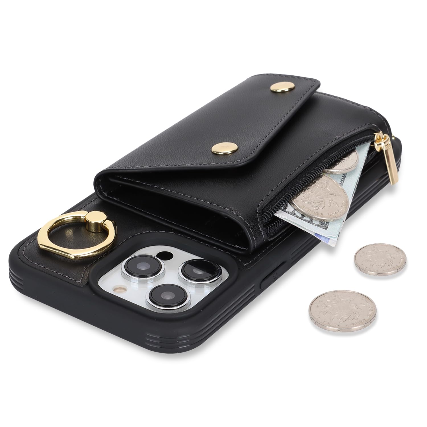 Lipvina Coque Pour IPhone 15 Avec Cordon Porte Carte Coque IPhone 15 Zippé Portefeuille Femme Telephone Portable Réglable Collier Housse Étui Avec Anneau Pour Femmes - Blanc