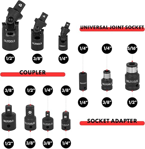 Miniatura 4 de BILITOOLS Juego de accesorios de herramientas de accionamiento de 18 piezas, incluye juego de extensión de zócalo de 14" 38" y 12", adaptador de