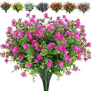 8 Bundles Artificial Flowers Fake Boxwood Shrubs UV Resistant No Fade Faux Greenery Faux Plastic Lotus for Home Garden Hanging Planter Indoor Porch Patio Office Wedding Decoration(Fuchsia)