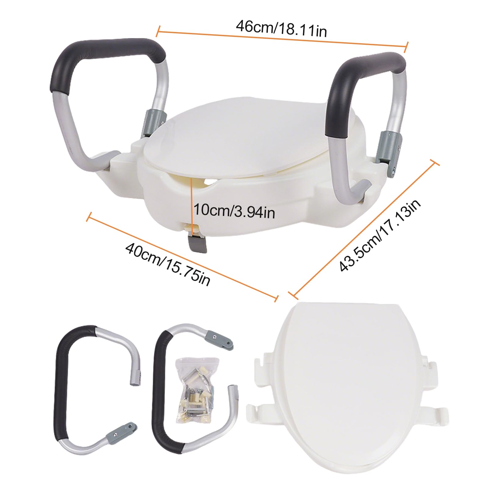 Asiento elevador de inodoro para adultos con reposabrazos y tapa, asiento de inodoro elevado para adultos, asiento de inodoro elevado con tapa, ancho ajustable (10 cm de altura)