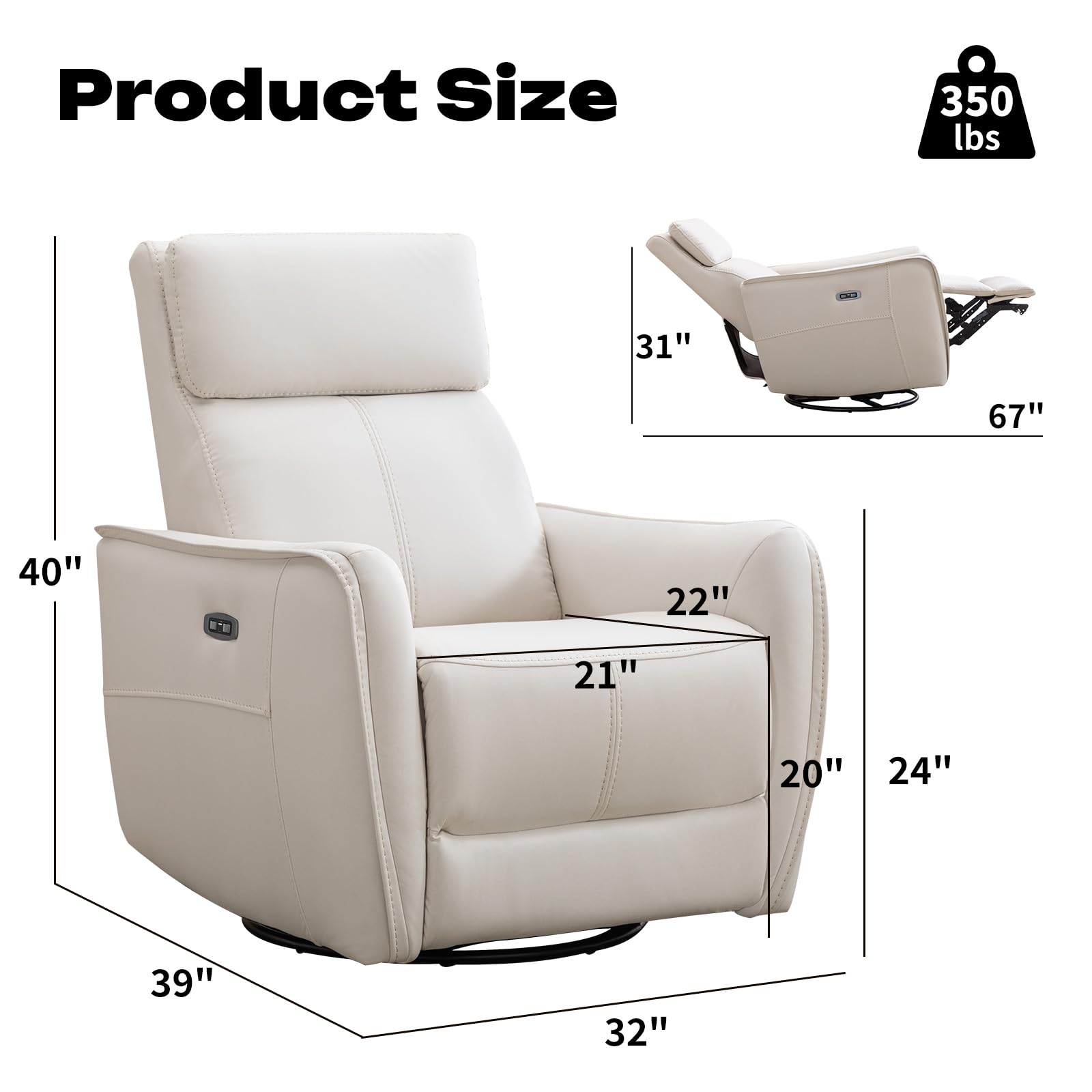 Power Recliner Swivel Glider, Electric Swivel Rocker Recliners, Leatheraire Chair, Nursery Rocking Recliner Chair Reclining Sofa for Living Room, USB&Type-C Port, Cream White