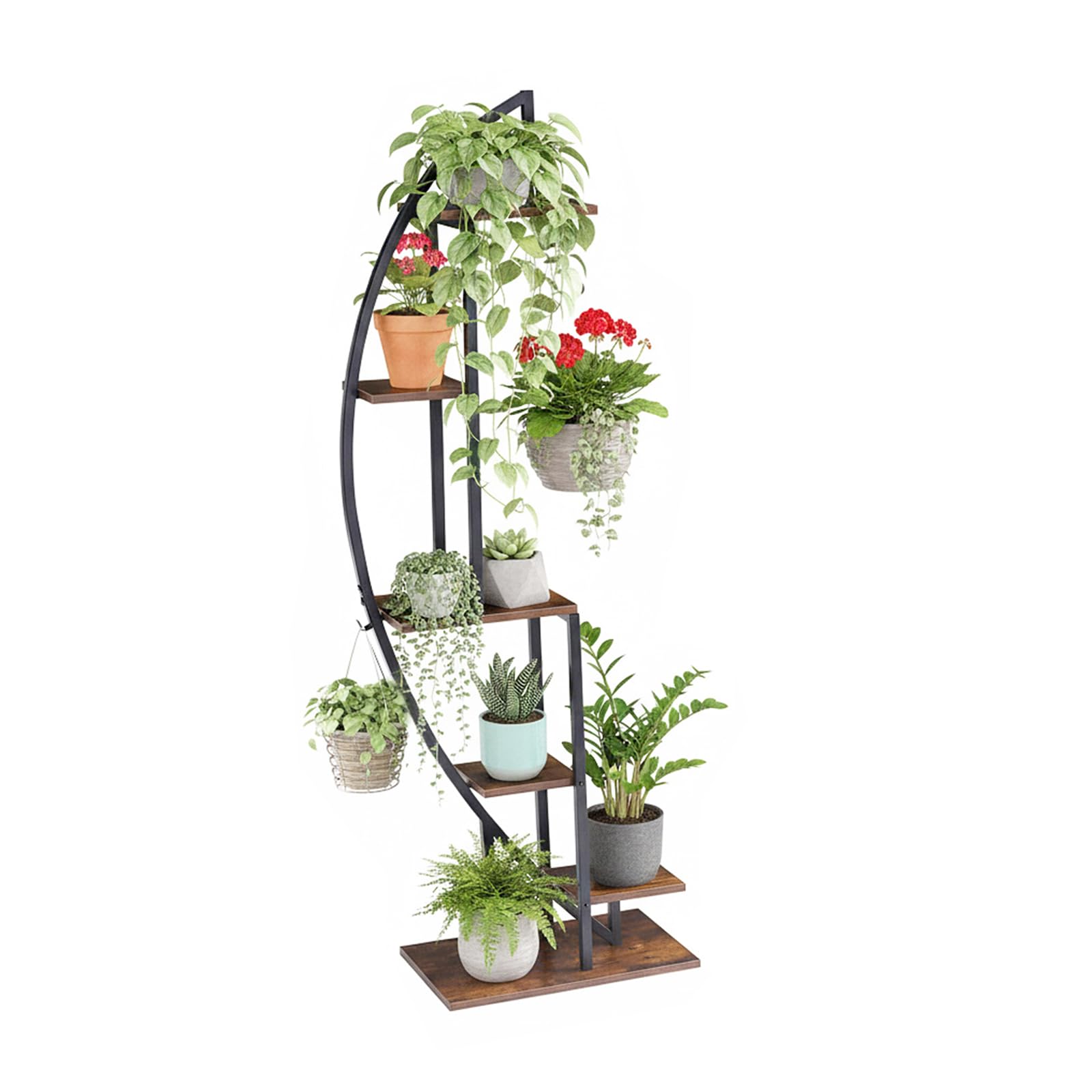 6 Ebenen Pflanzenständer mit Wachstumslicht, Großes Blumenständer 160cm Hoch, Metall-Holz Pflanzenregal Indoor & Outdoor Blumenregal für Wohnzimmer Balkon Flur, 50 x 30 x 160 cm
