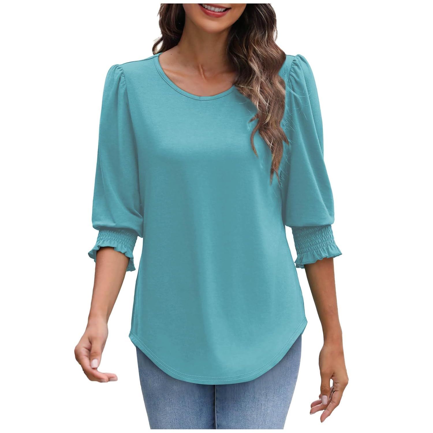 Womens 3 4 Length Sleeves Shirts Crew Neck Tops Business Casual Blouses Lantern Sleeve Basic Tees Trendy Outfits