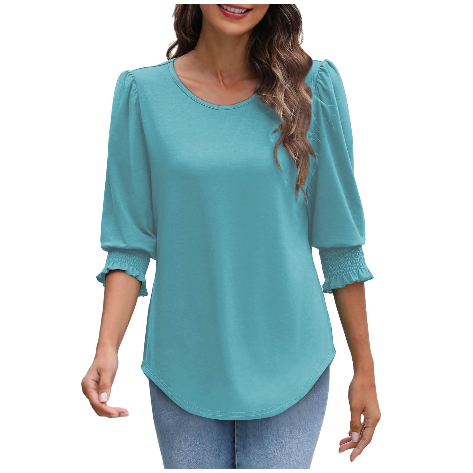Womens 3 4 Length Sleeves Shirts Crew Neck Tops Business Casual Blouses Lantern Sleeve Basic Tees Trendy Outfits