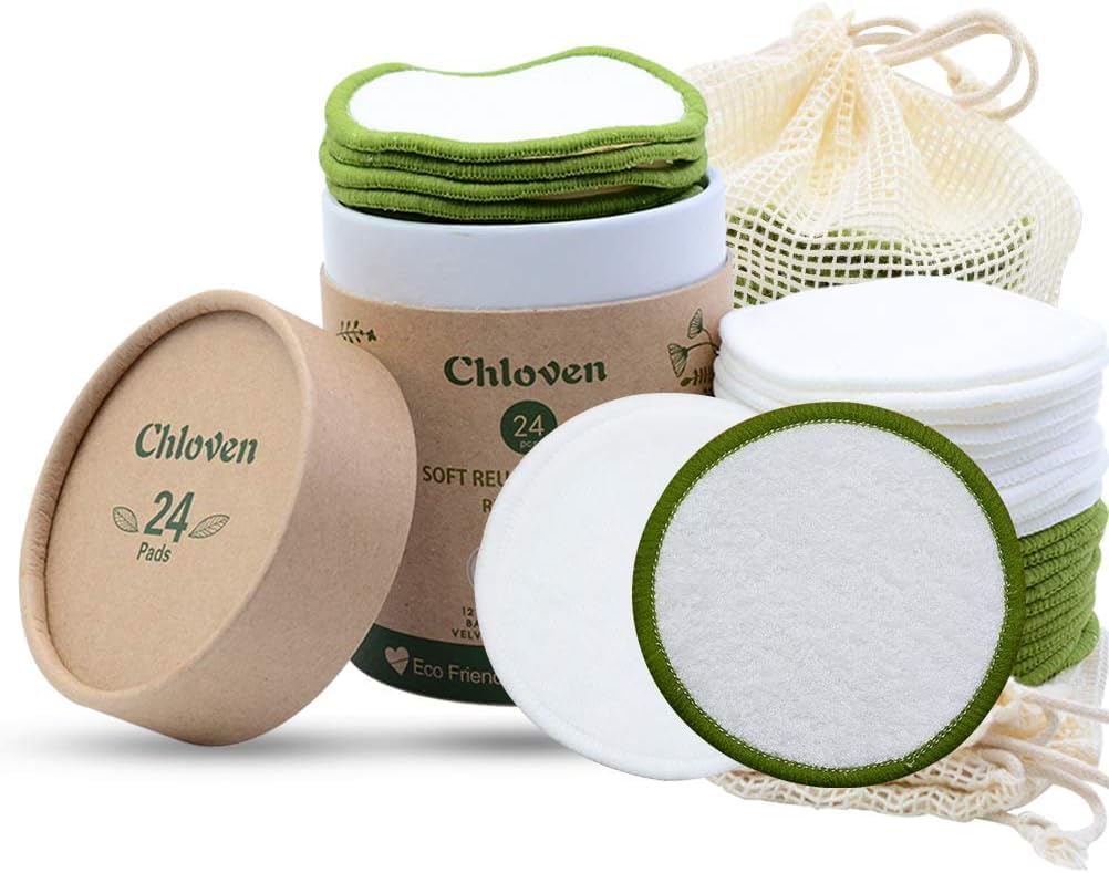 Chloven Reusable Makeup Remover Pads 24 Pack Washable Bamboo Pads | Reusable Face Pads for All Skin Types,Bamboo Reusable Cotton Rounds for Toner with Cotton Bag and Round Box for Storage